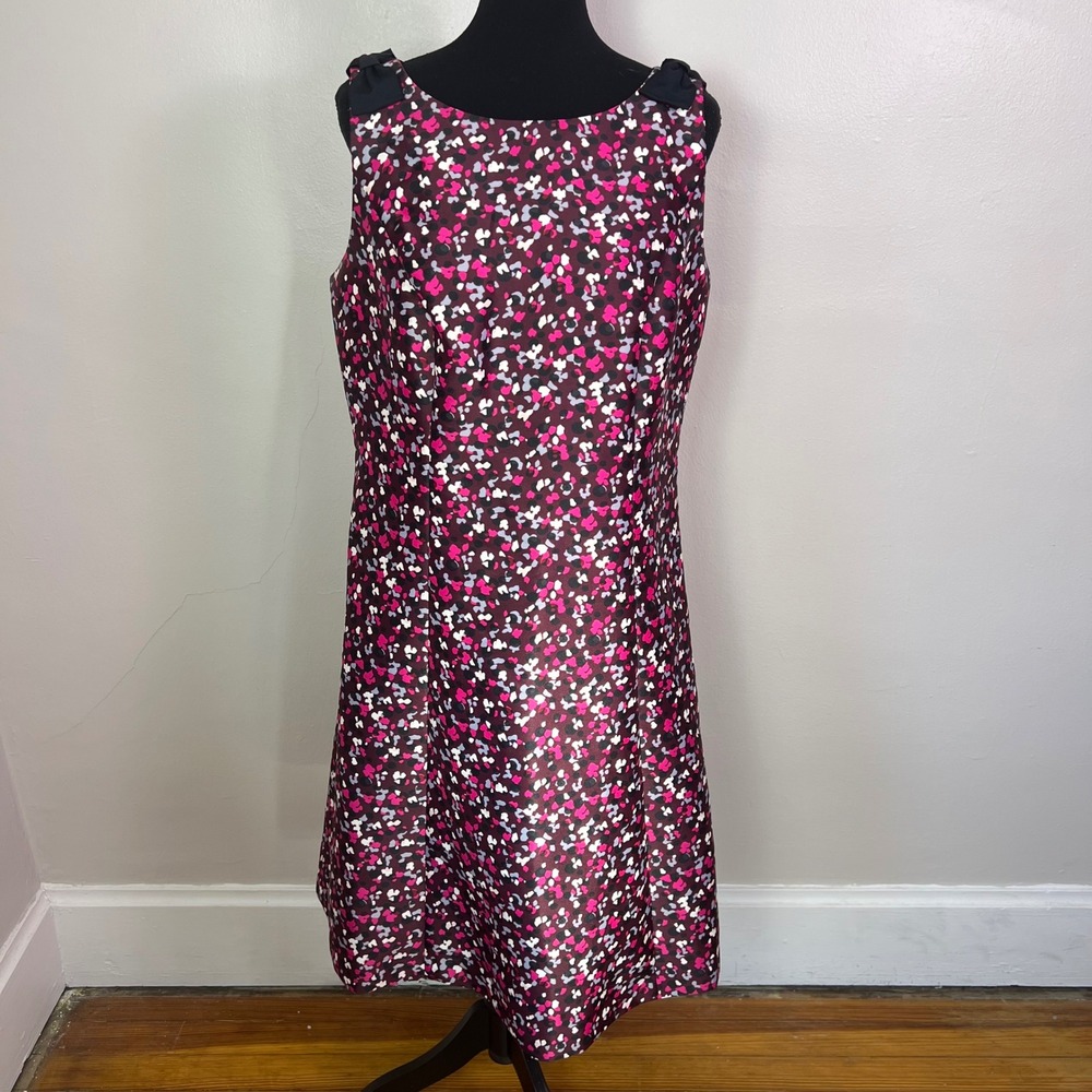 RSVP by Talbots Womens 14 Burgundy Pink Confetti Print Bow Shoulder A-Line Dress